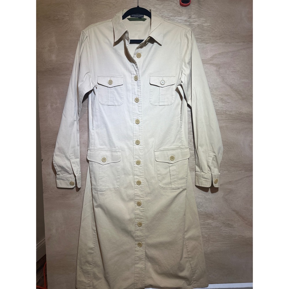 J Peterman Company Khaki Tan Safari Utility Button Front Shirt Dress Size 6